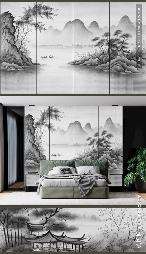 意境水墨山水新中式禪意電視墻