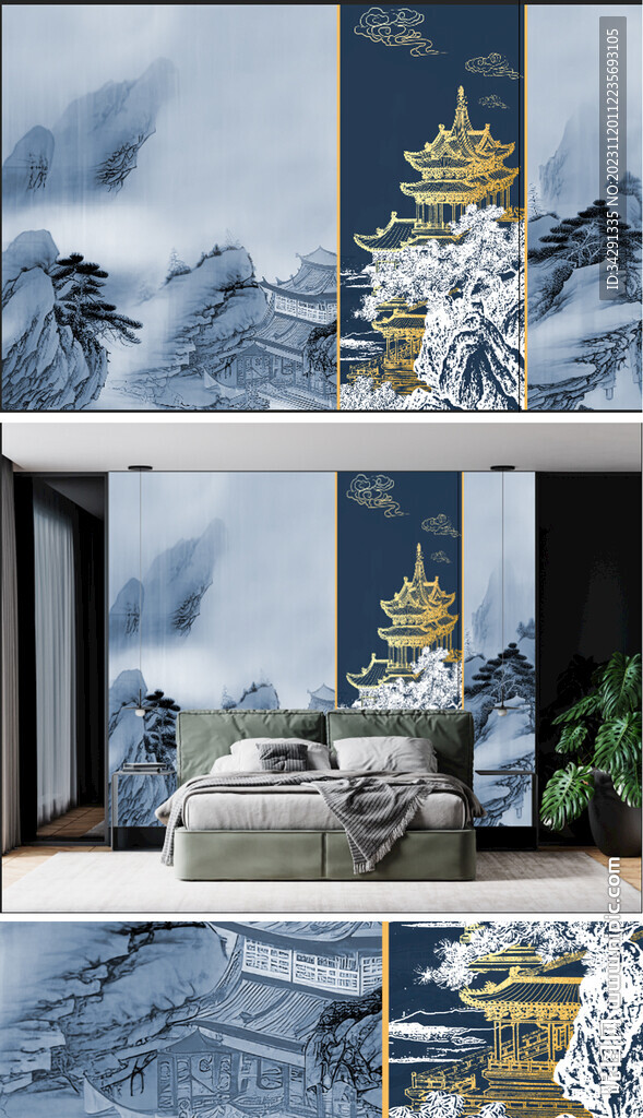 原創新中式輕奢水墨意境山水背景