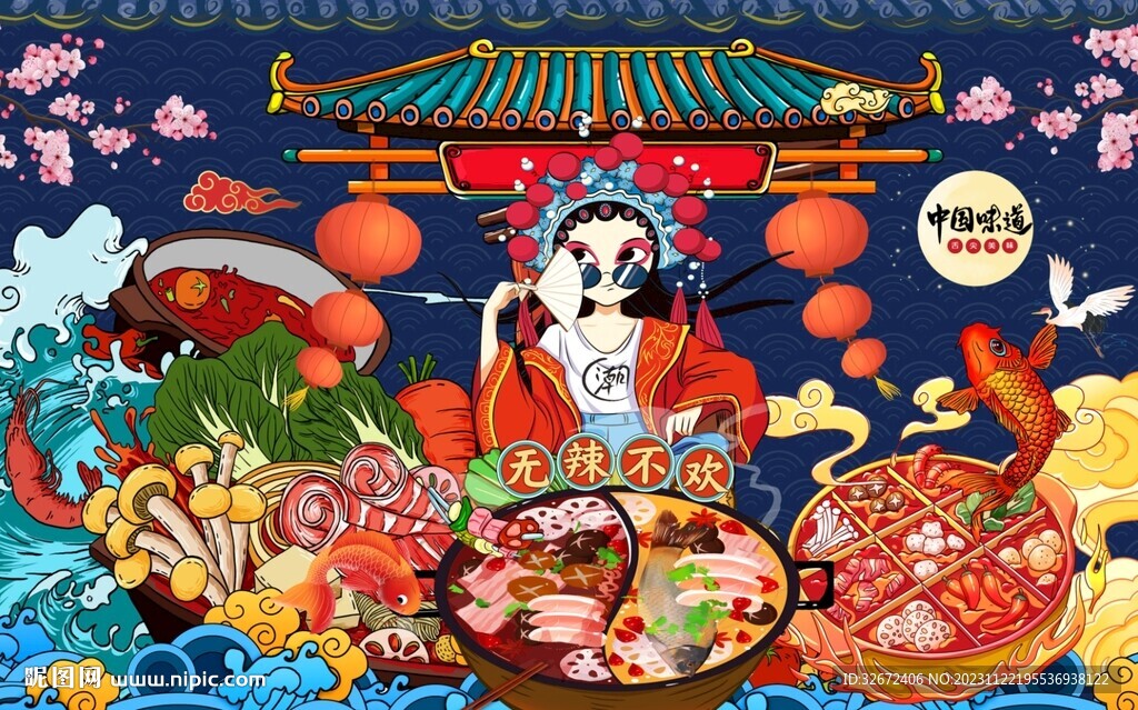國潮美食背景墻火鍋插畫圖片