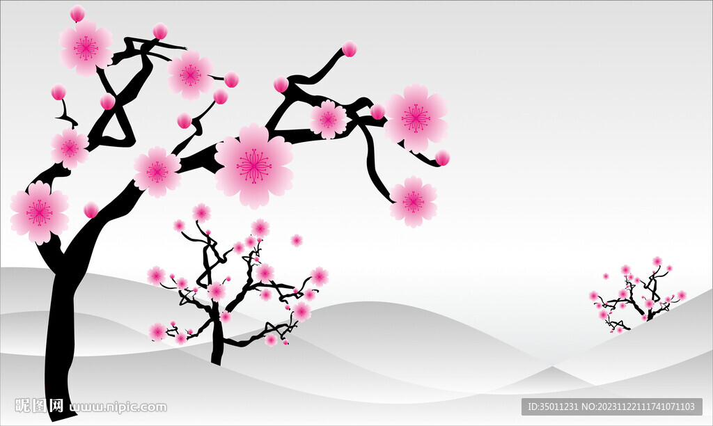 國風(fēng)水墨花朵樹木背景CDR矢量