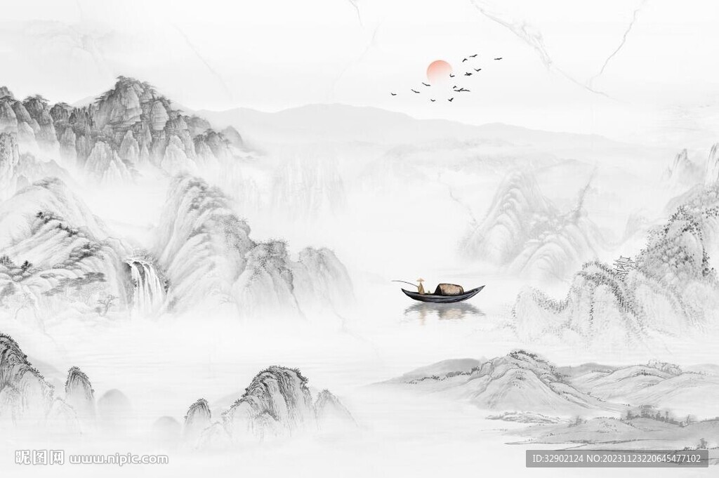 新中式寧靜致遠山水聚寶盆背景墻