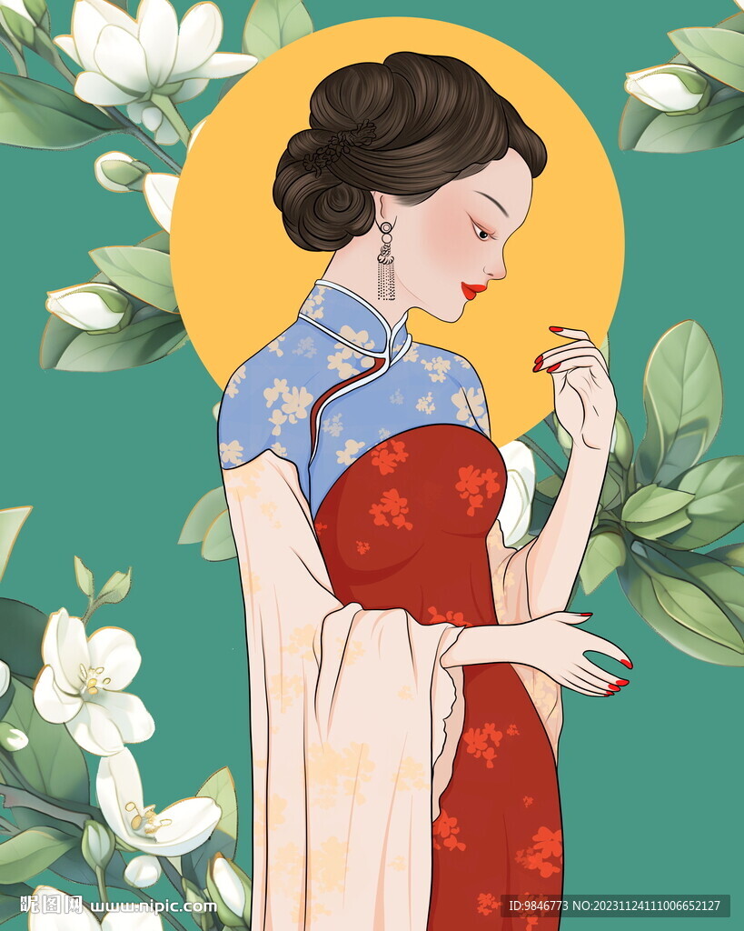 手繪插畫旗袍美女與梔子花