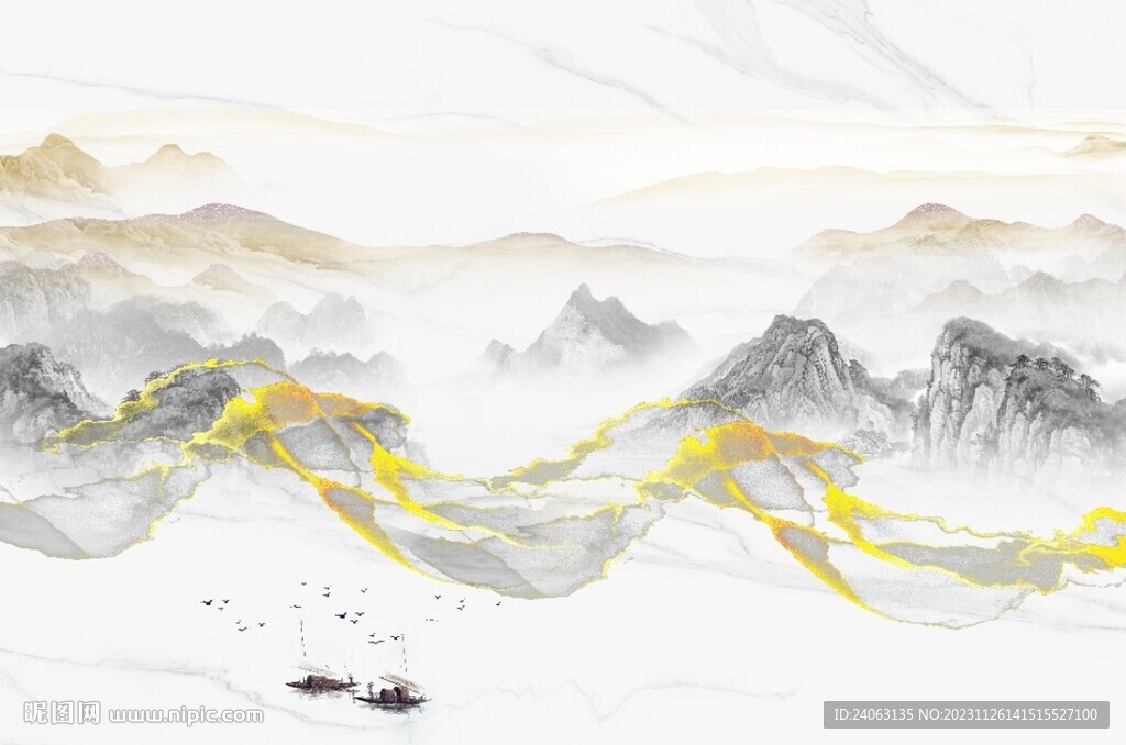 新中式山水瀑布国画背景墙