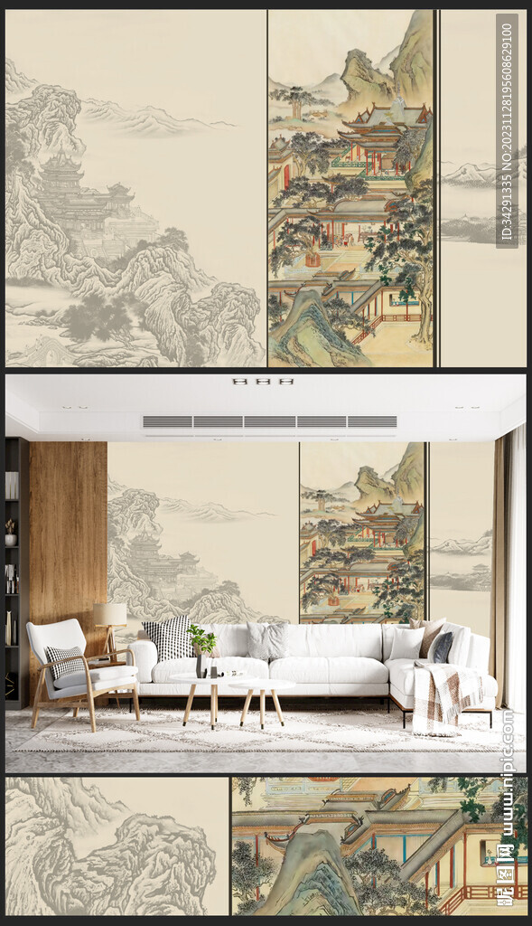 原創(chuàng)新中式輕奢樓閣山水背景壁畫(huà)