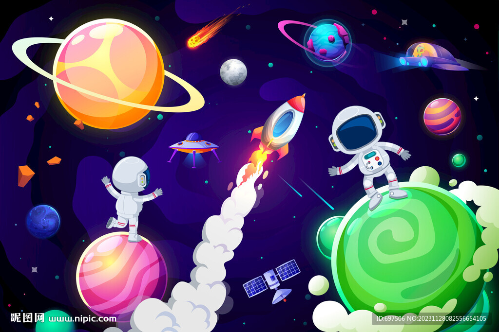 夢幻太空星球卡通宇航員火箭背景