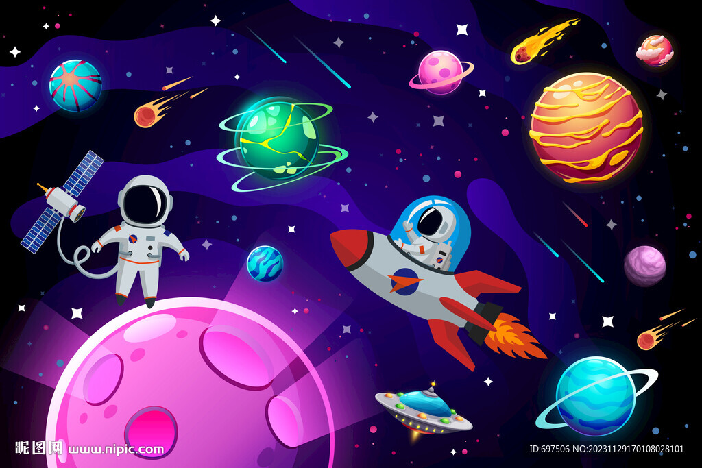太空星球宇航员卡通宇宙星空背景