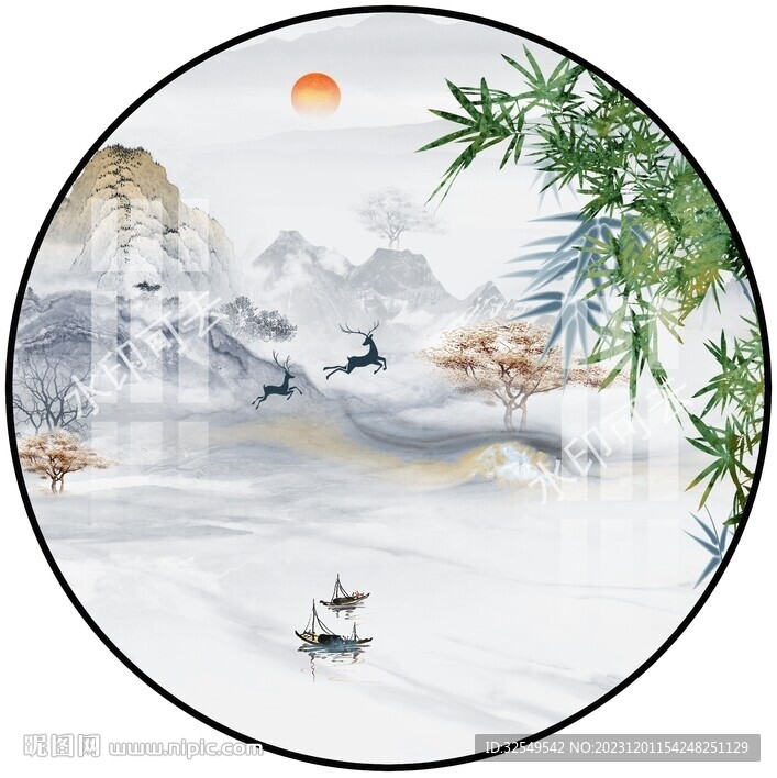 山水圓形畫
