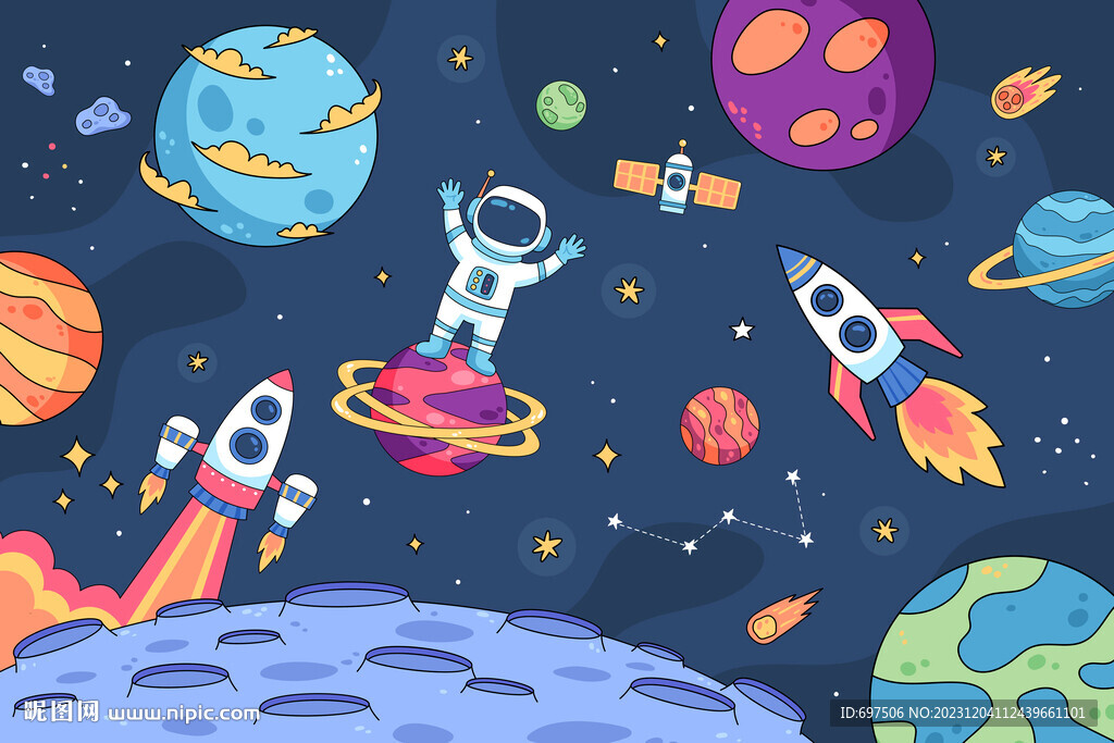 卡通宇航员火箭手绘宇宙星球背景