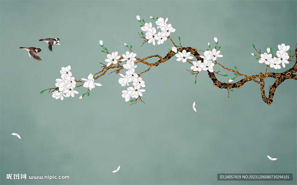 新中式工筆花鳥(niǎo)白玉蘭背景墻