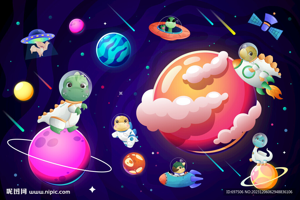 可愛恐龍卡通太空星球宇宙背景墻