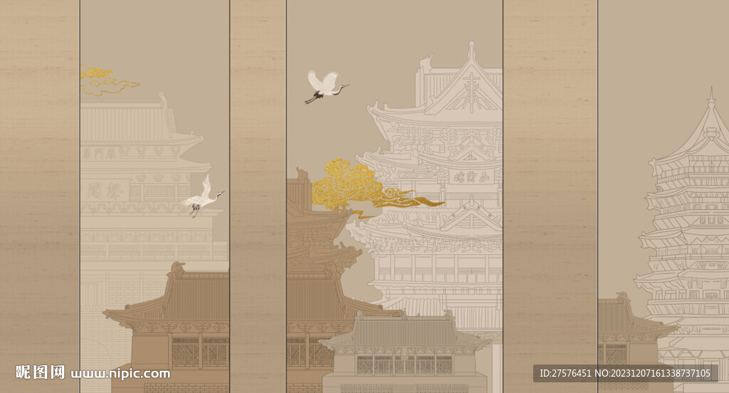 中式手繪閣樓山水背景墻