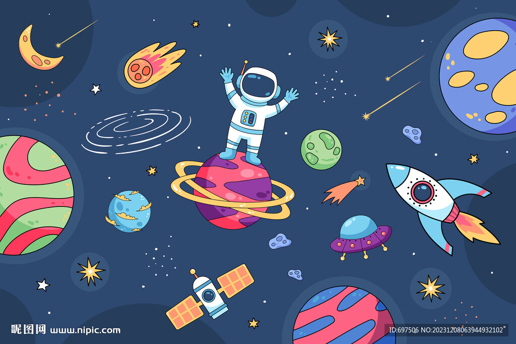卡通太空火箭手绘宇航员星球背景