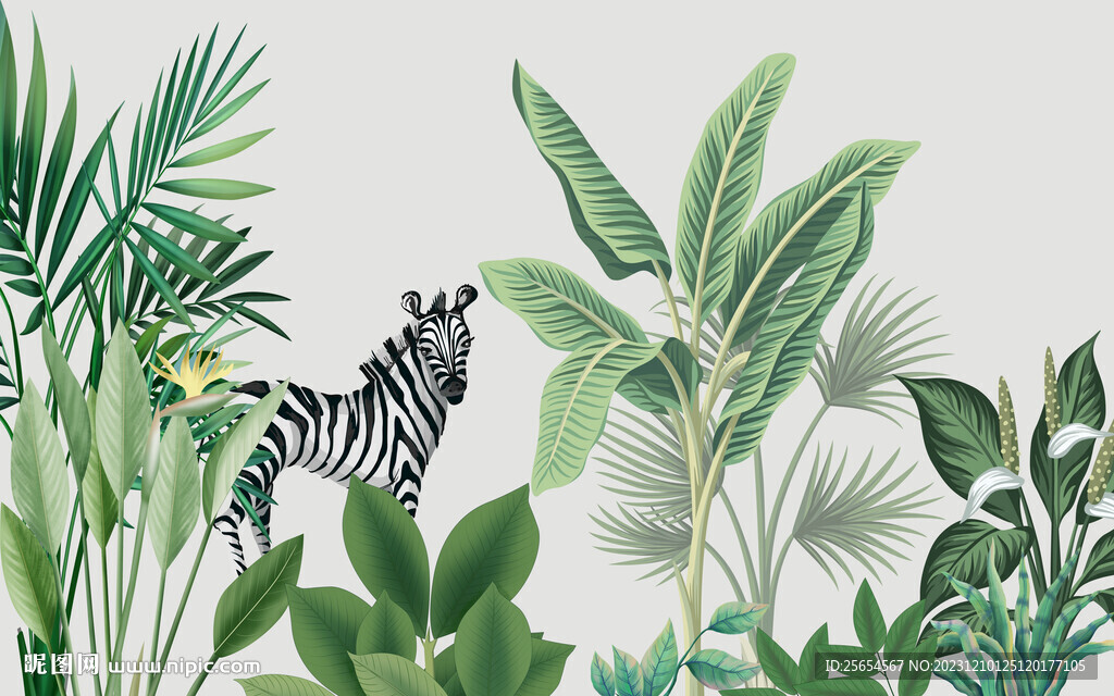 热带植物动物背景壁画