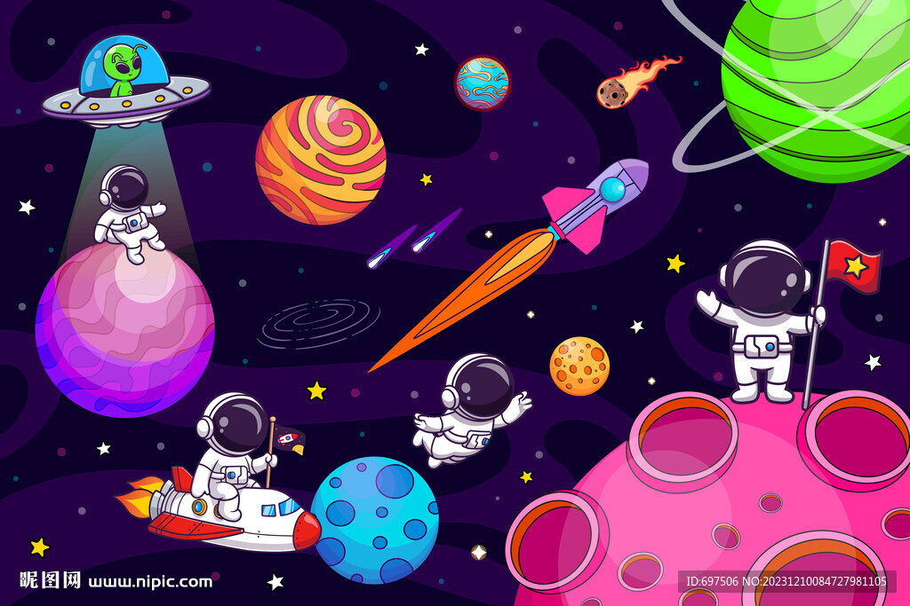 卡通宇航员太空火箭宇宙星球背景