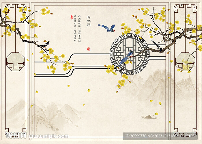 中式手绘花鸟背景图