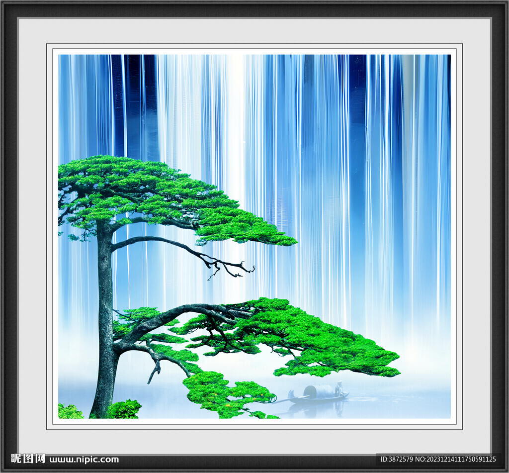 藍色瀑布山水畫