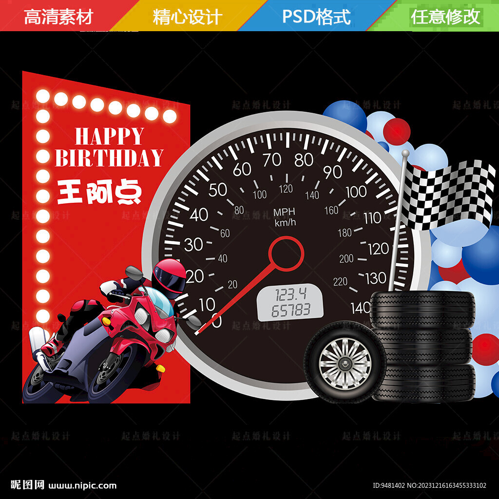 紅藍色機車生日背景板