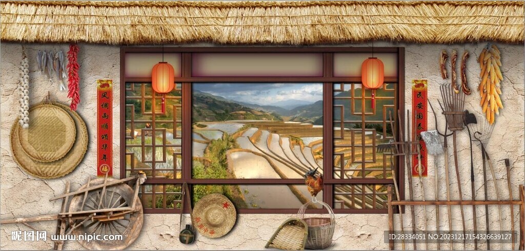 復古80后90后農村民居背景墻