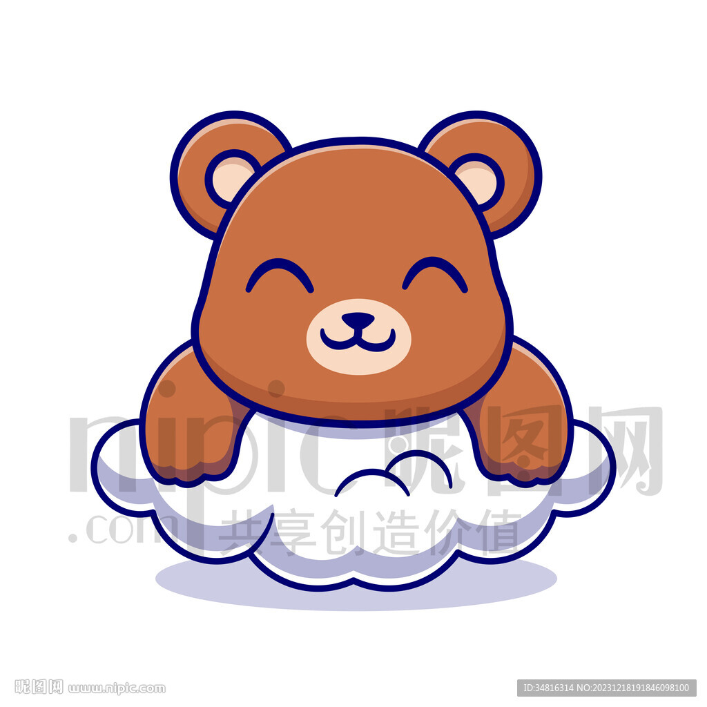 可爱卡通趴在云朵上的小狗熊棕熊