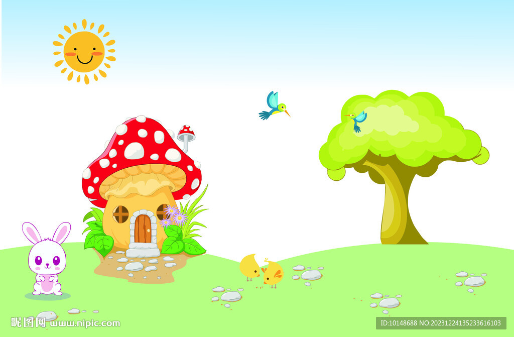 卡通兔子蘑菇屋太阳小鸟
