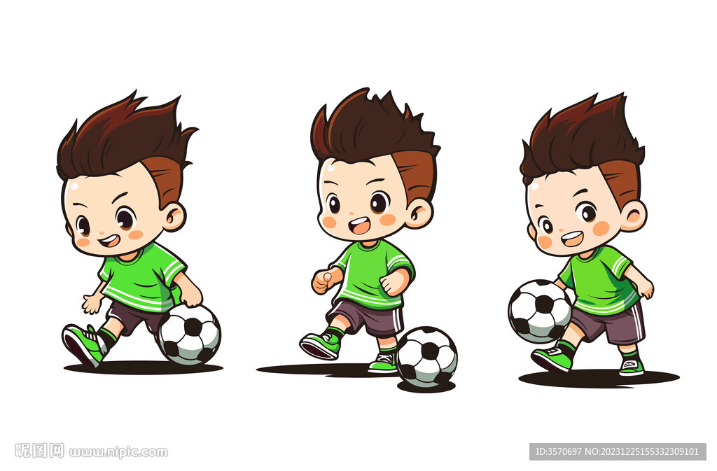 踢足球男孩卡通人物三视形象图片