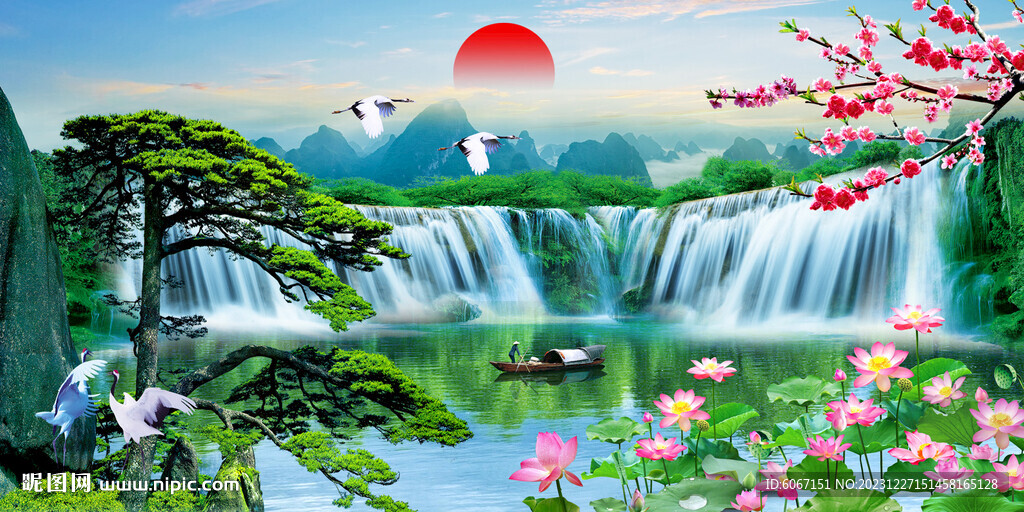 流水生財(cái)瀑布山水畫