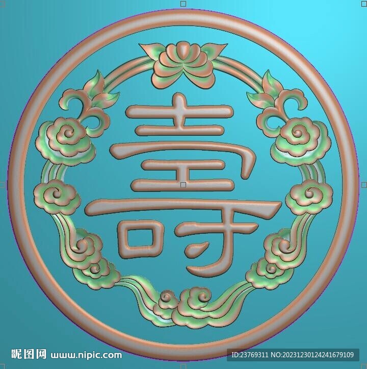 圓形祥云壽字棺材后擋精雕圖灰度
