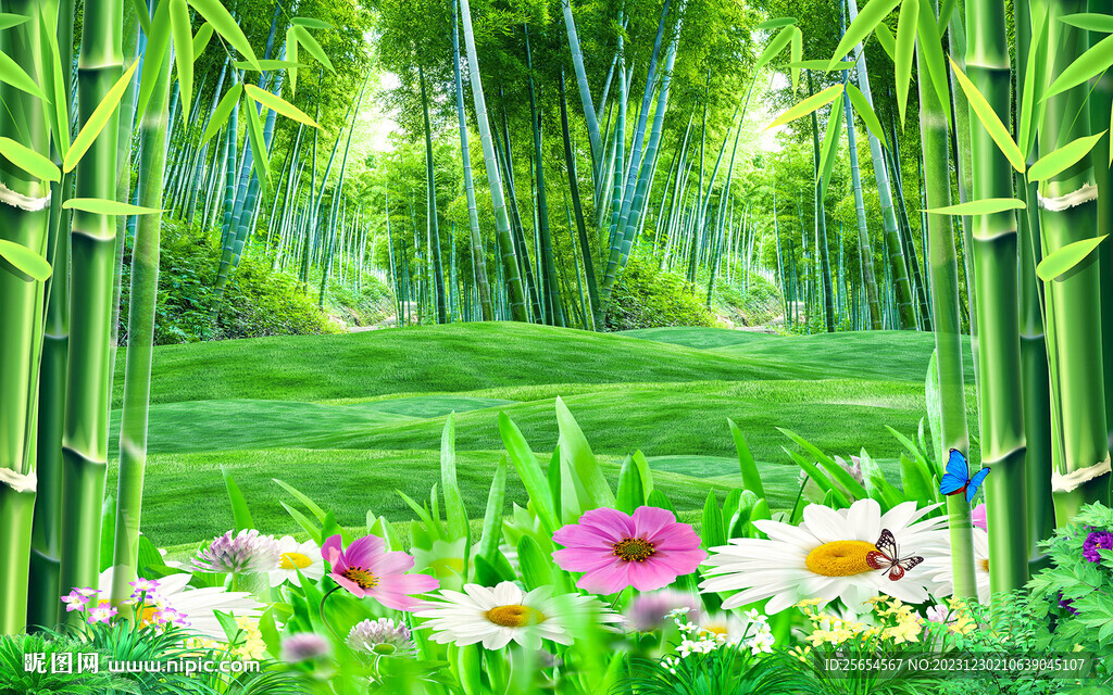 唯美竹林草地背景墻
