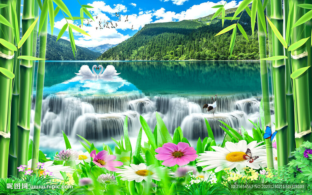 竹林流水風(fēng)景背景墻