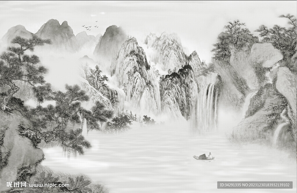 新中式手绘水墨国画意境山水硬包