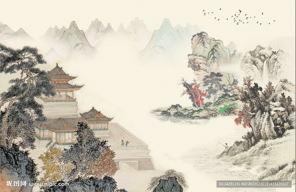 新中式手绘水墨国画意境山水硬包