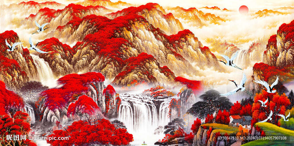 中式瀑布山水畫