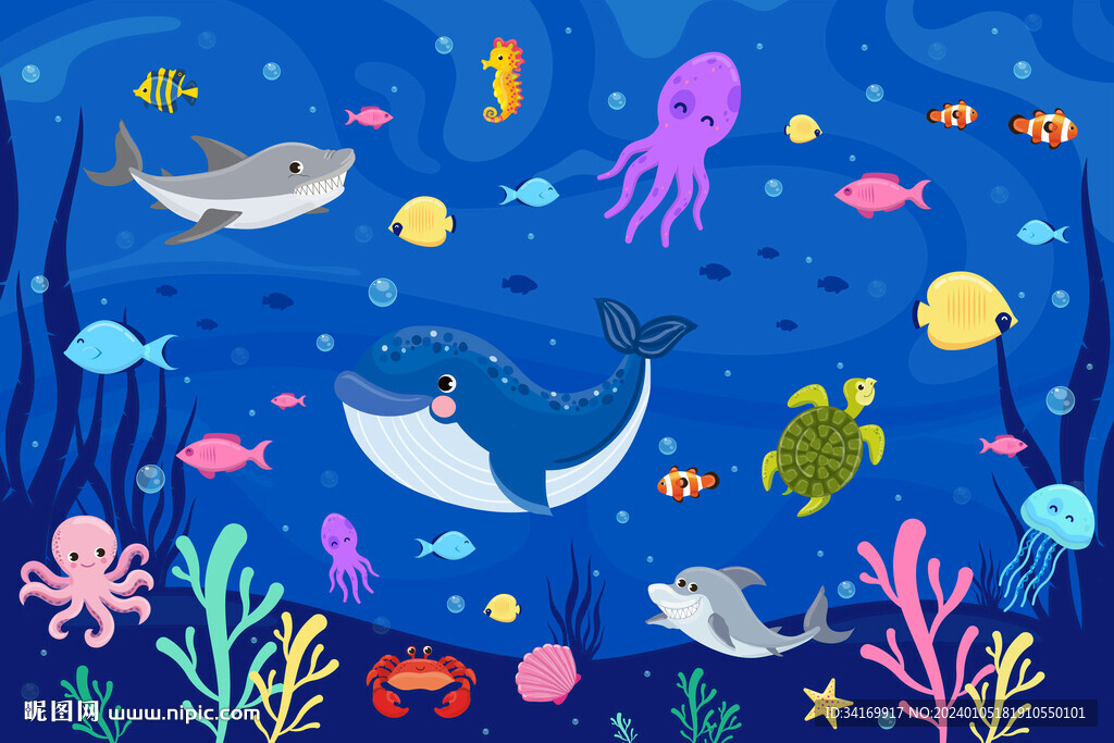 卡通海底珊瑚可爱鲸鱼热带鱼背景