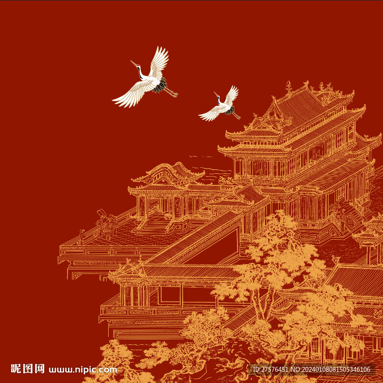 新中式閣樓樓閣背景墻裝飾畫