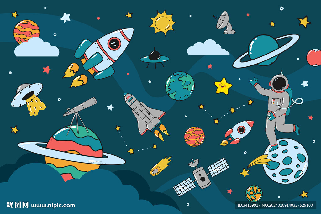 手繪宇航員卡通火箭星球太空背景