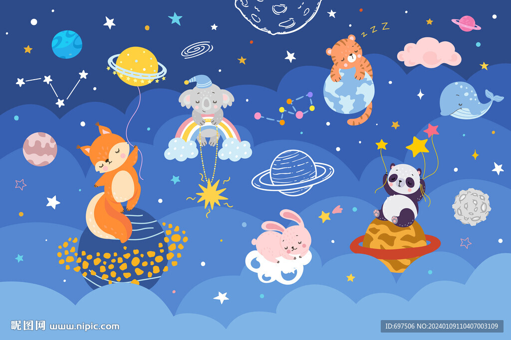 手繪星空晚安可愛動物星球背景墻