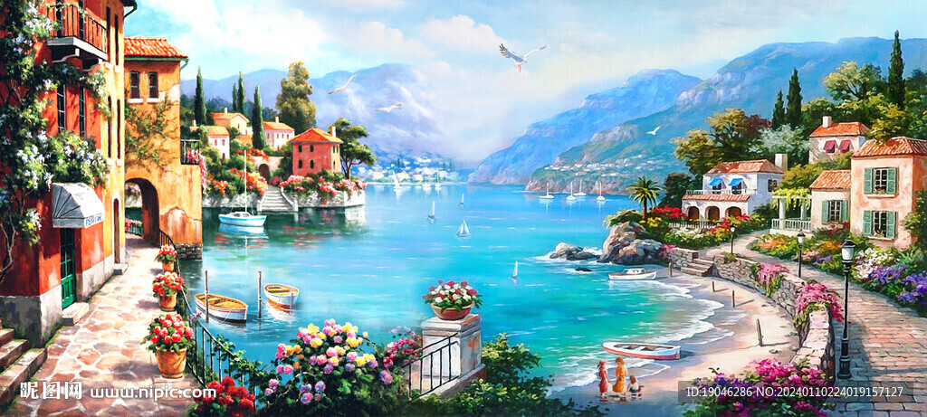 唯美地中海风景油画
