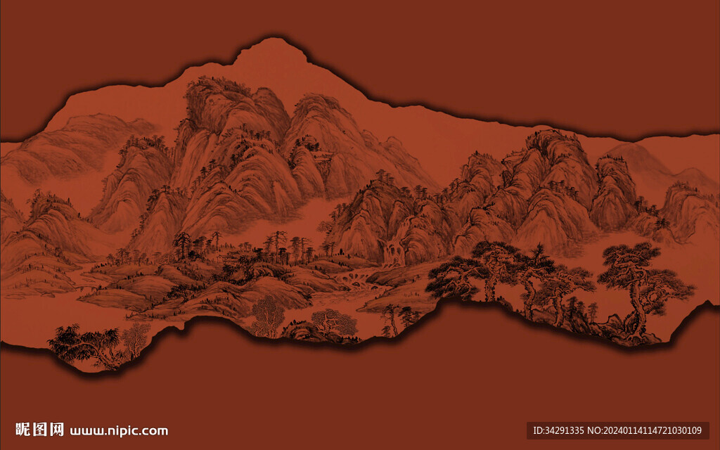  新中式山水 背景墙壁画 硬包
