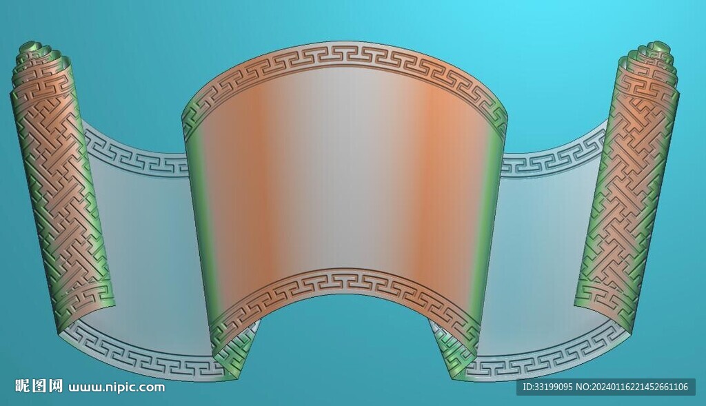 仿古回纹边框卷书画轴精雕图灰度