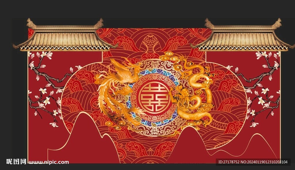 红色新中式婚礼背景制作图