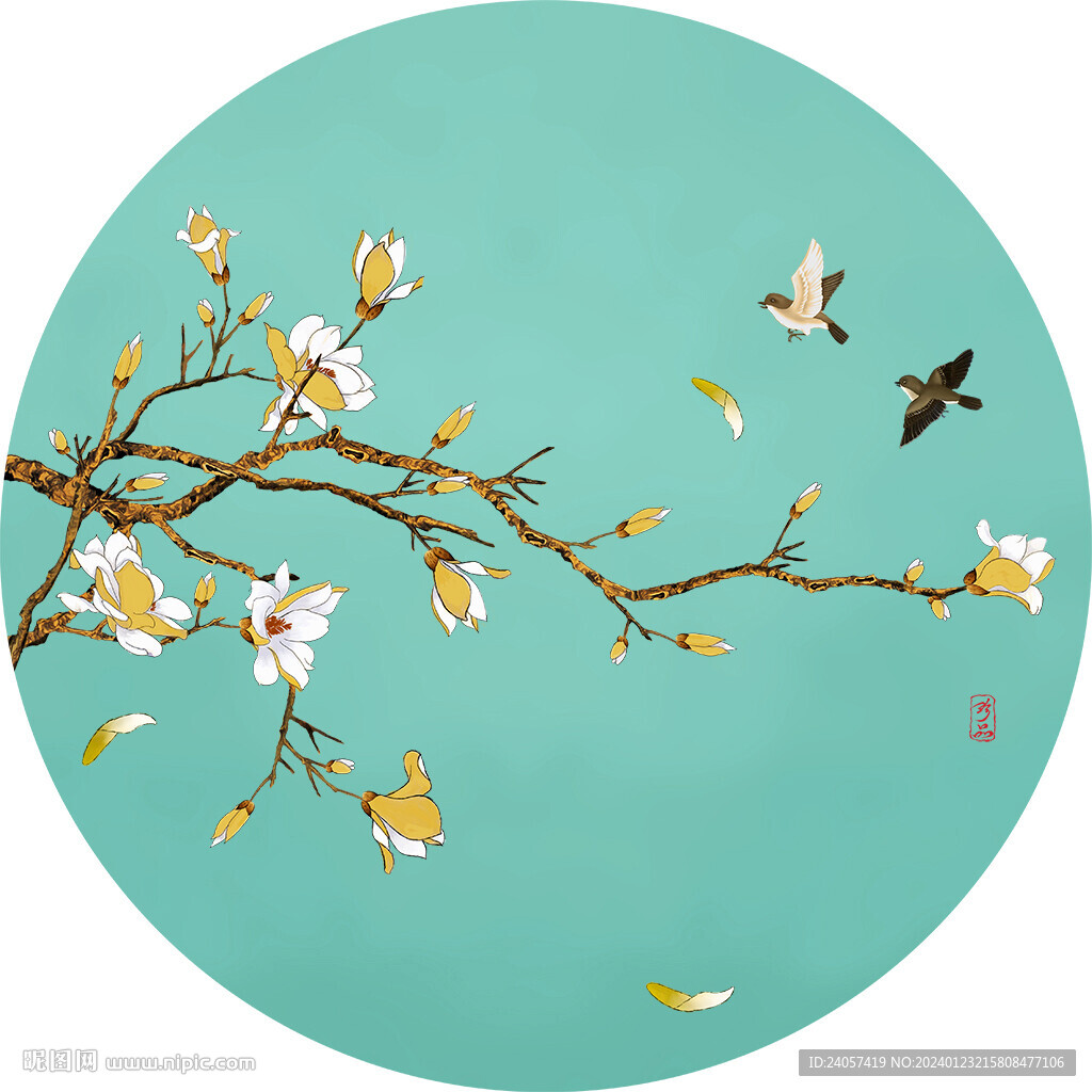 新中式玉兰花鸟圆形装饰画