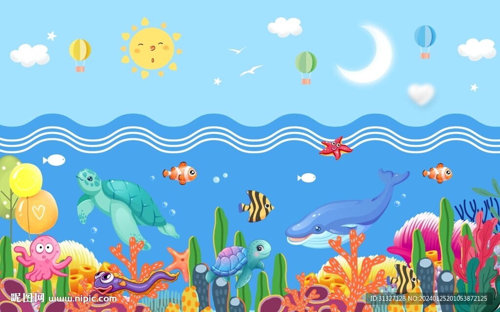 卡通海底世界可愛海豚背景圖片