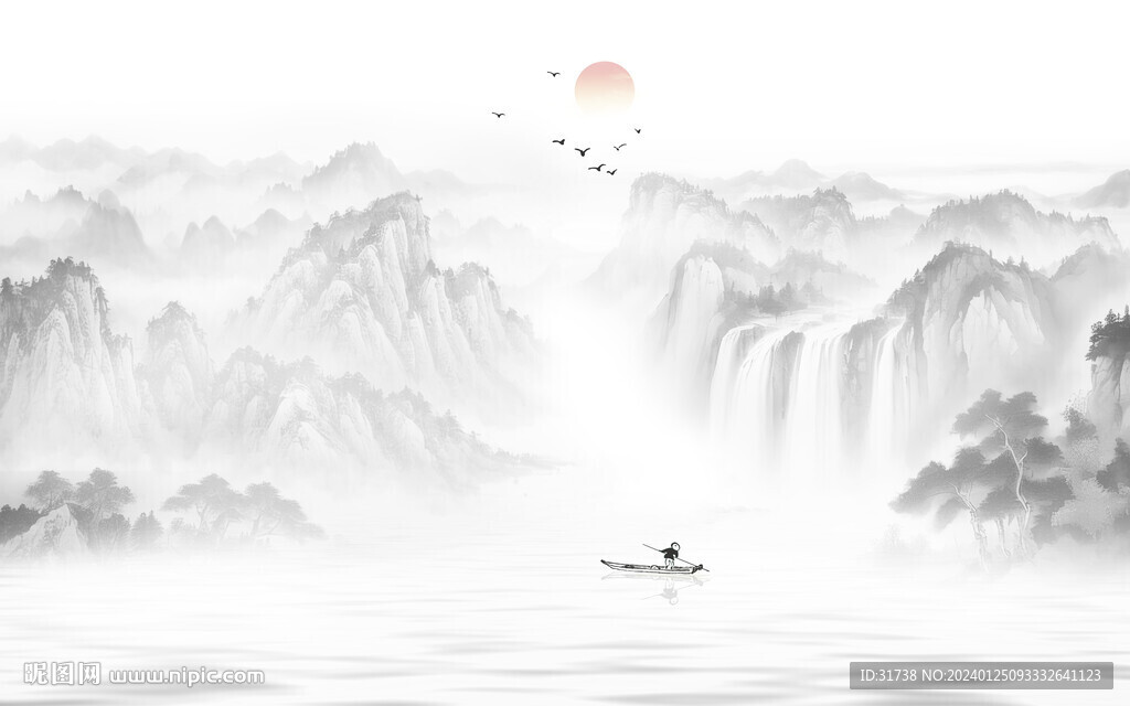 新中式意境水墨山水畫背景墻