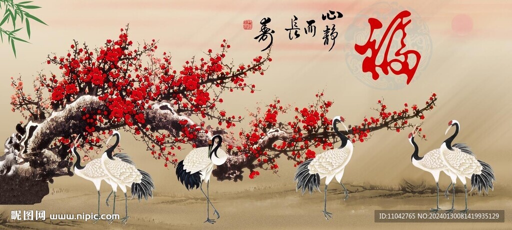 仙鶴梅花圖