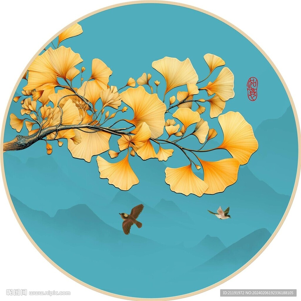 新中式銀杏葉花鳥(niǎo)裝飾掛畫
