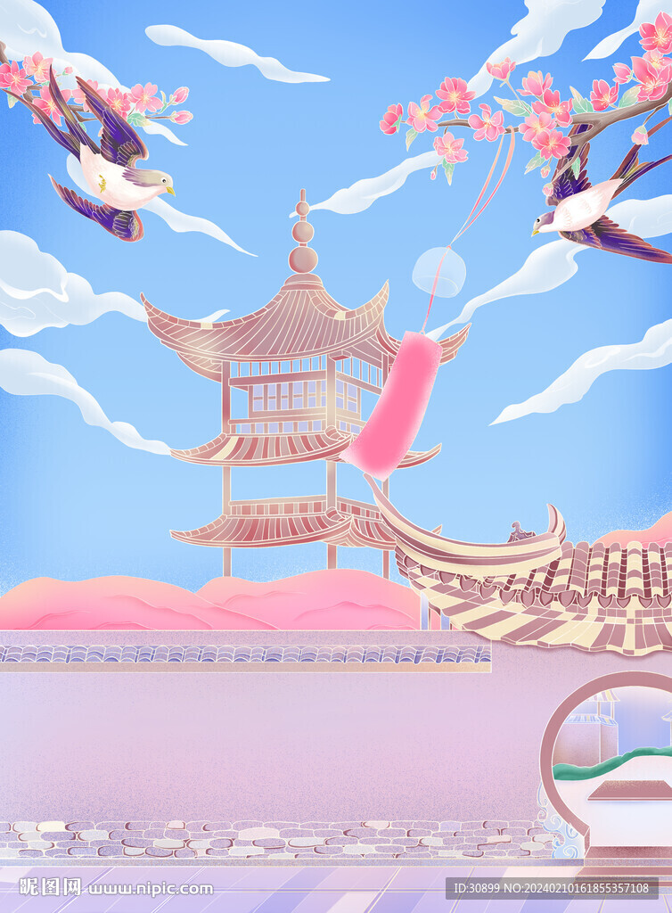 古建筑櫻花燕子國風插畫