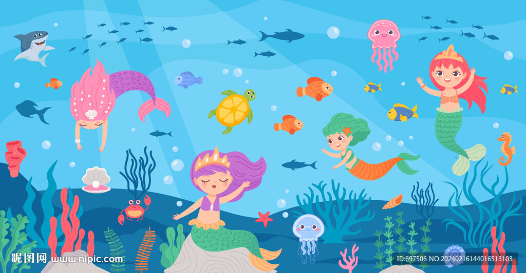 可爱美人鱼卡通海底动物珊瑚背景