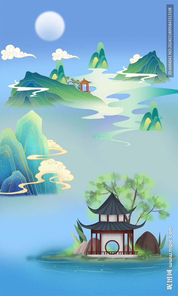 中国风山水夜色凉亭背景图模板