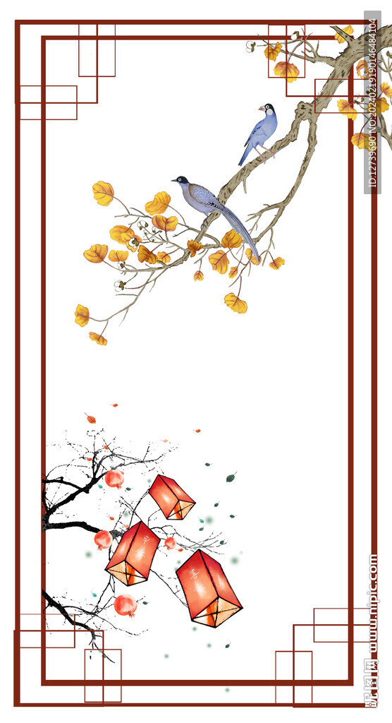 孔雀風景圖燈籠圖