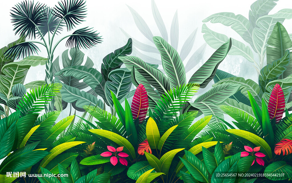 热带植物小清新田园风室内背景墙